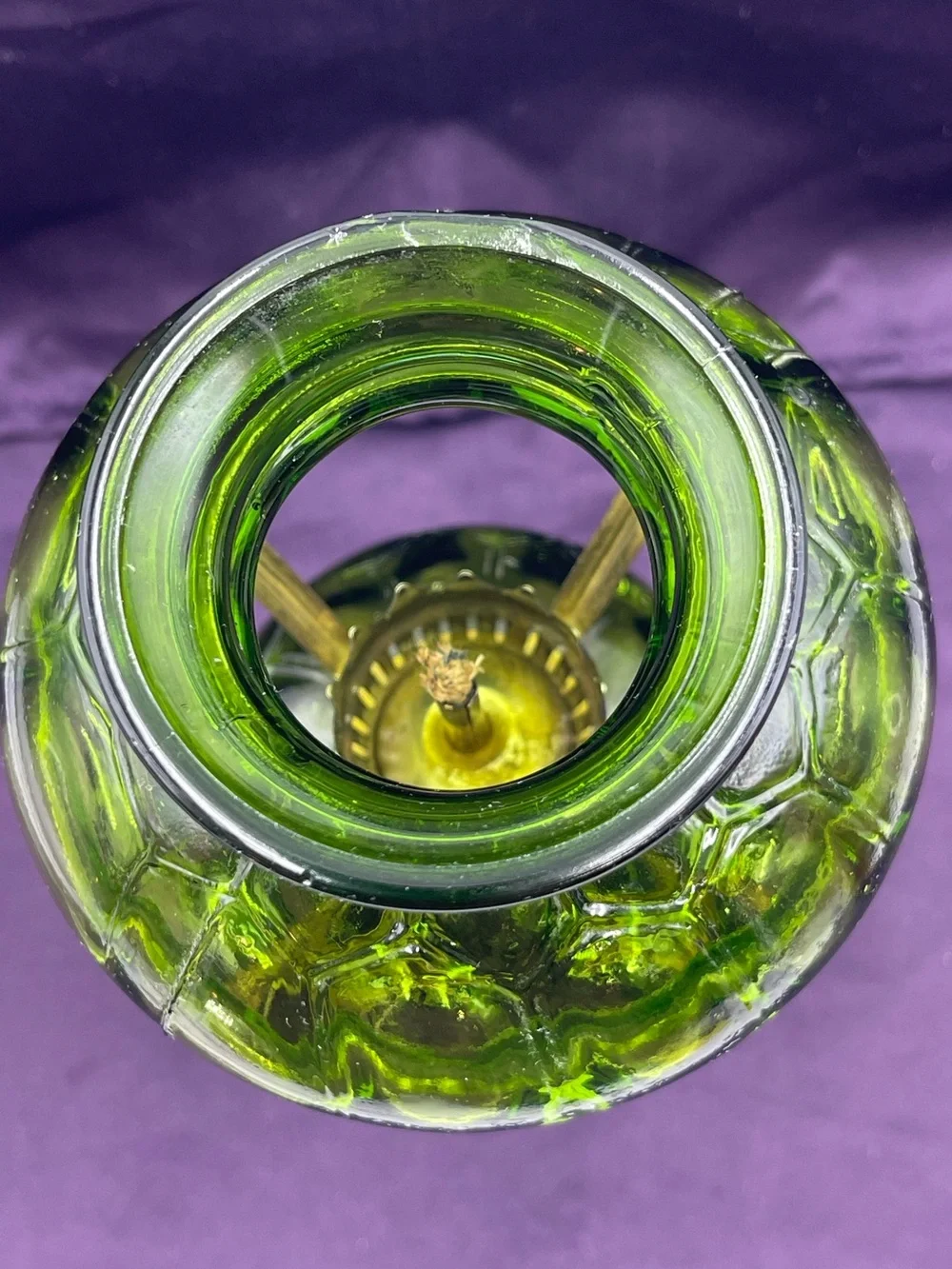 Vintage Emerald Green Pressed Glass Hurricane Oil Lamp w/Brass Metal Wick Collar
